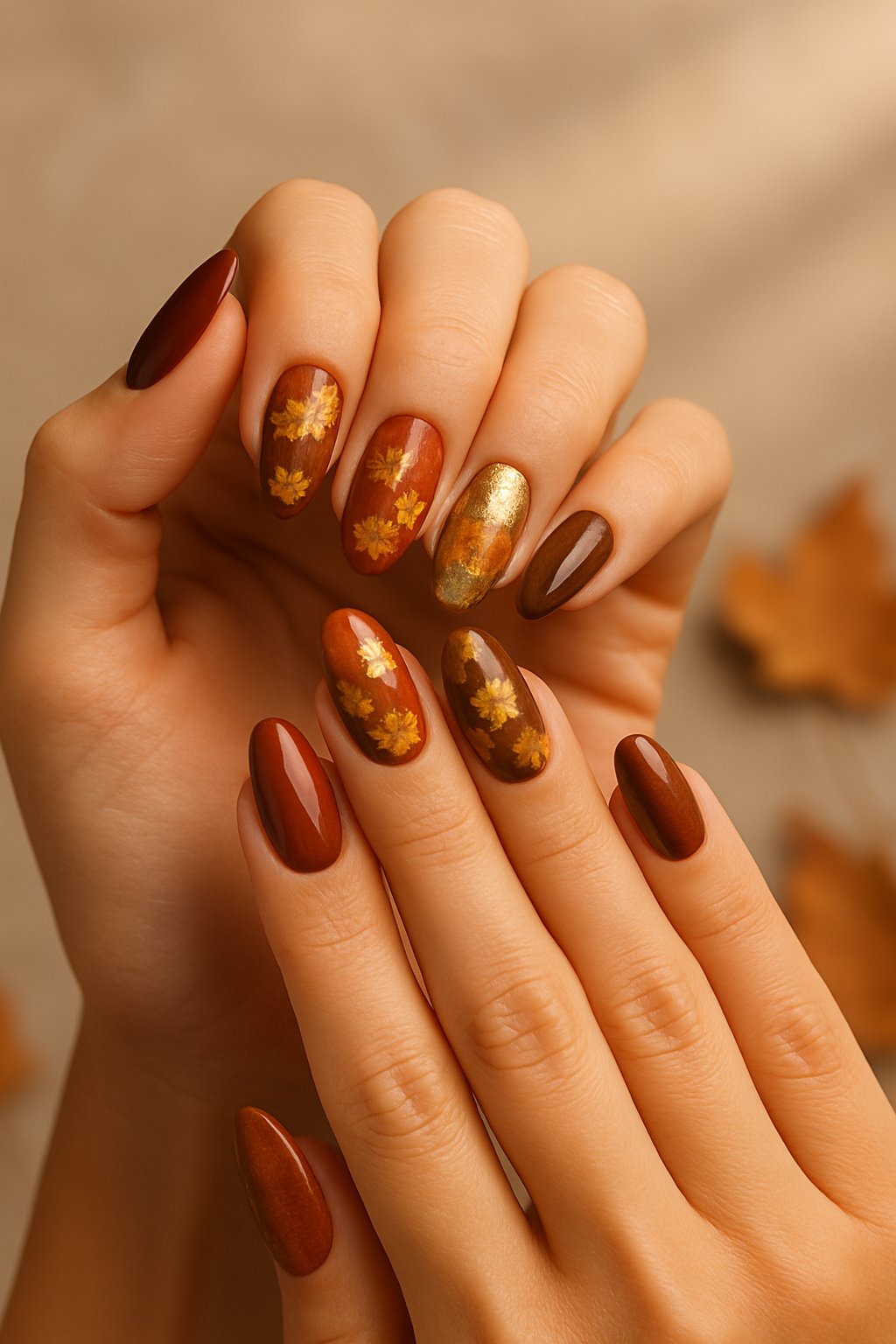 Close-up of hands with fall-themed nails featuring maple leaf foil designs in autumn colors.