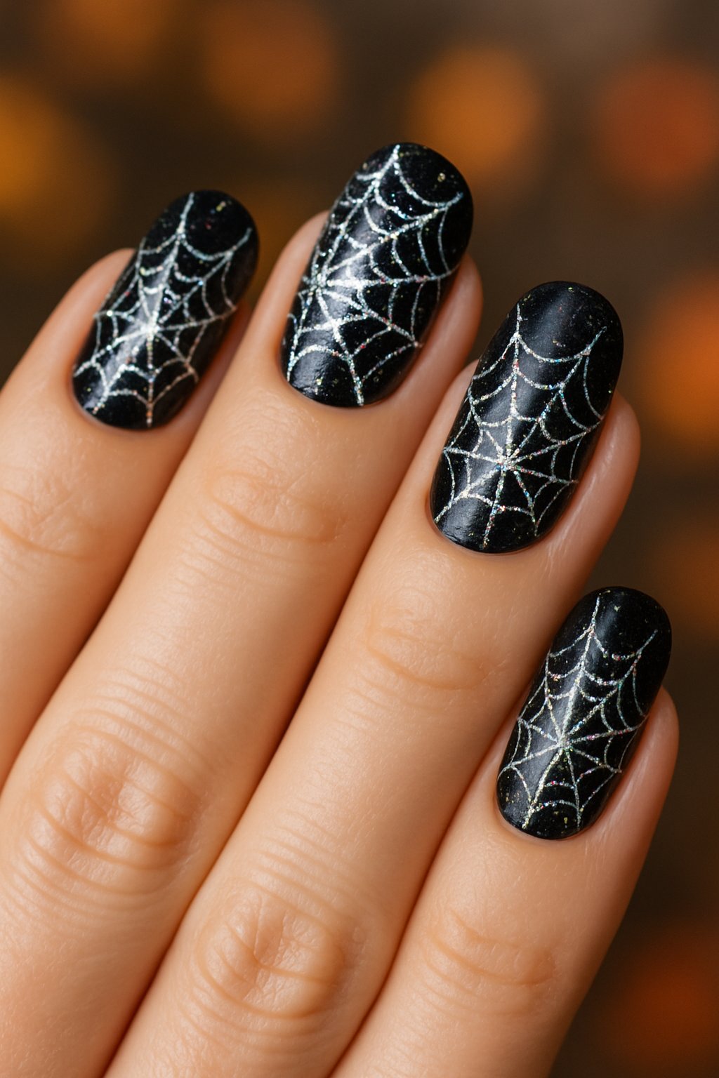 A close-up of a hand with Halloween-themed nails decorated with glittery spider web designs.