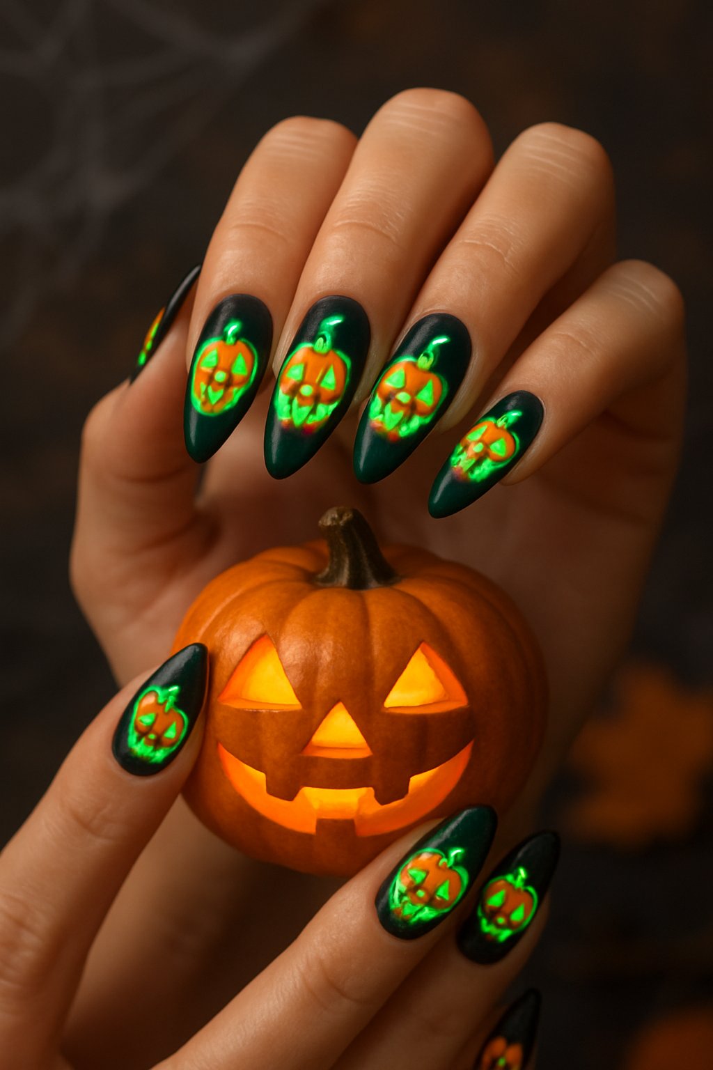 Close-up of hands with Halloween-themed nails featuring glowing pumpkin designs holding a small glowing carved pumpkin.