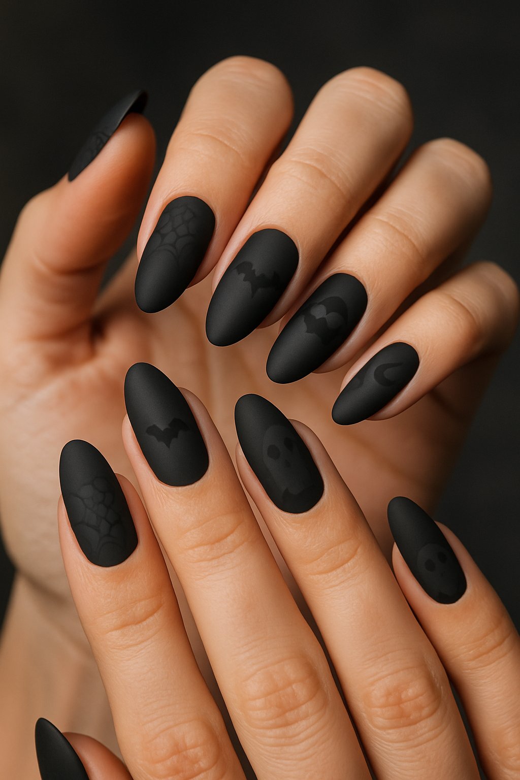 Close-up of hands showing matte black Halloween-themed nails with spooky designs.