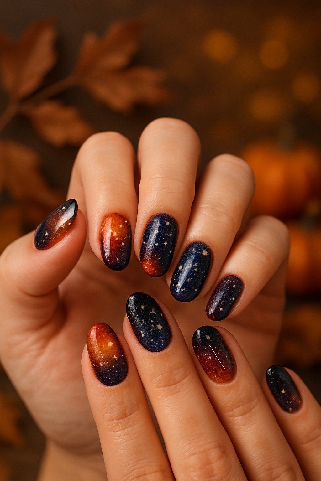 Close-up of manicured hands with autumn-themed galaxy nail art surrounded by fall leaves and pumpkins.