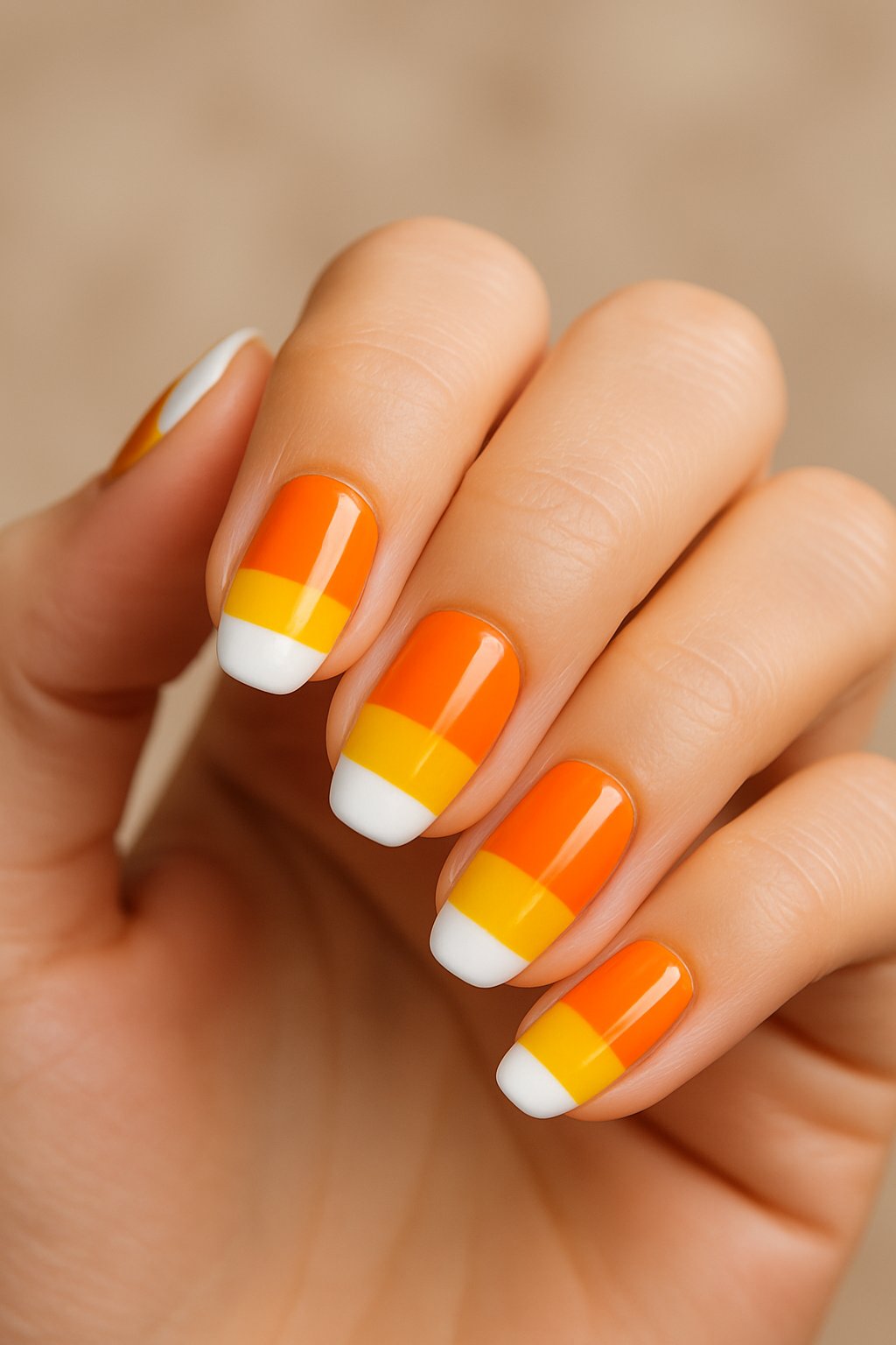 Close-up of a hand with Halloween-themed nails painted in white, orange, and yellow color blocks resembling candy corn.