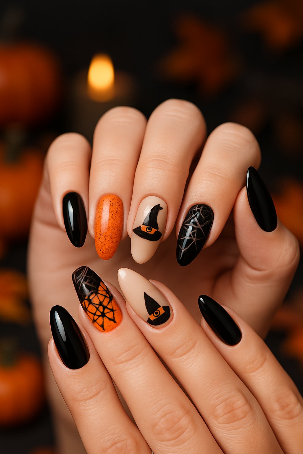 Close-up of manicured hands showing Halloween-themed nails with witch hat designs and festive decorations in the background.