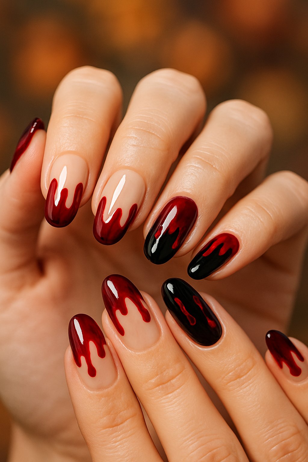 Close-up of hands with Halloween-themed blood drip nail art on medium-length nails.