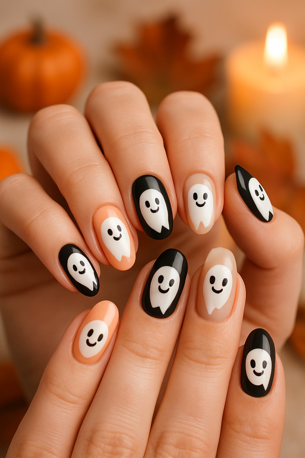 Close-up of hands with Halloween-themed nails featuring cute ghost faces on each nail.