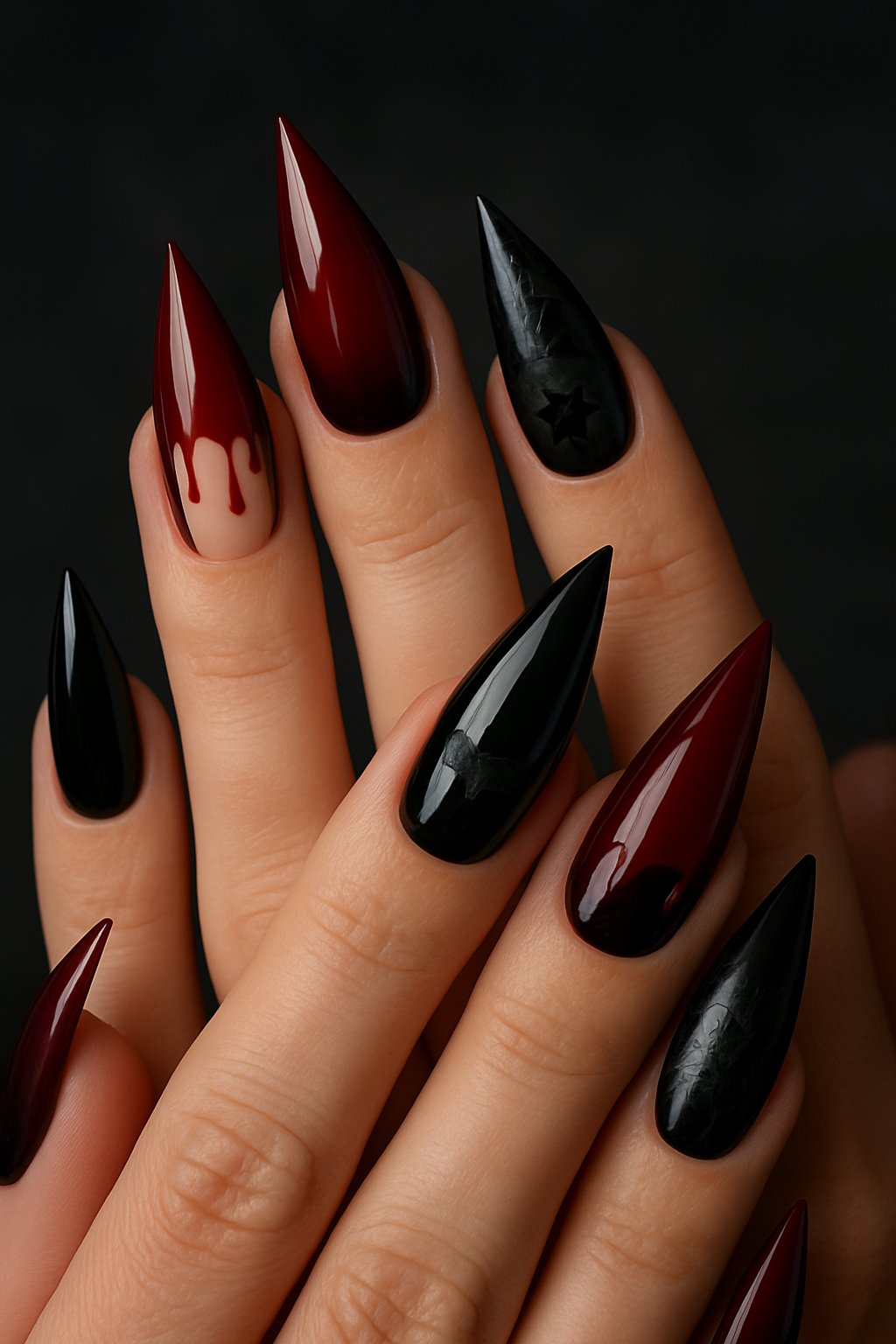 Close-up of hands with long, pointed red and black nails designed to look like vampire fangs with small Halloween-themed decorations.