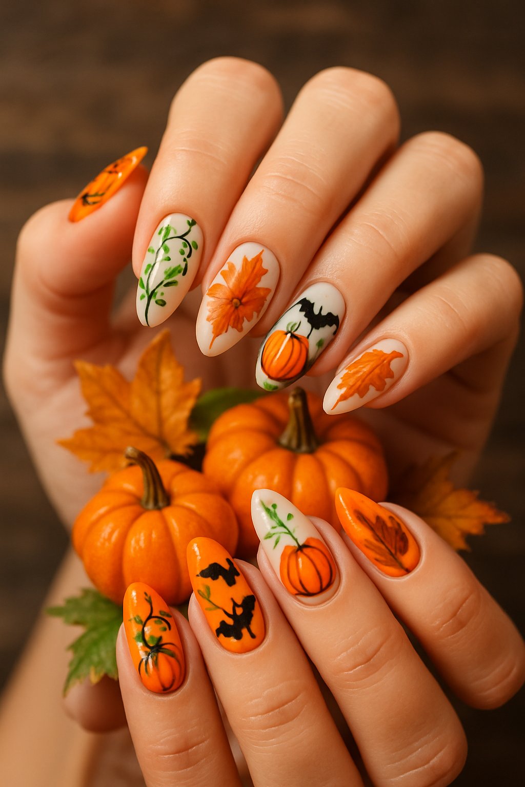 Close-up of hands with Halloween-themed nail art holding small pumpkins and autumn leaves.