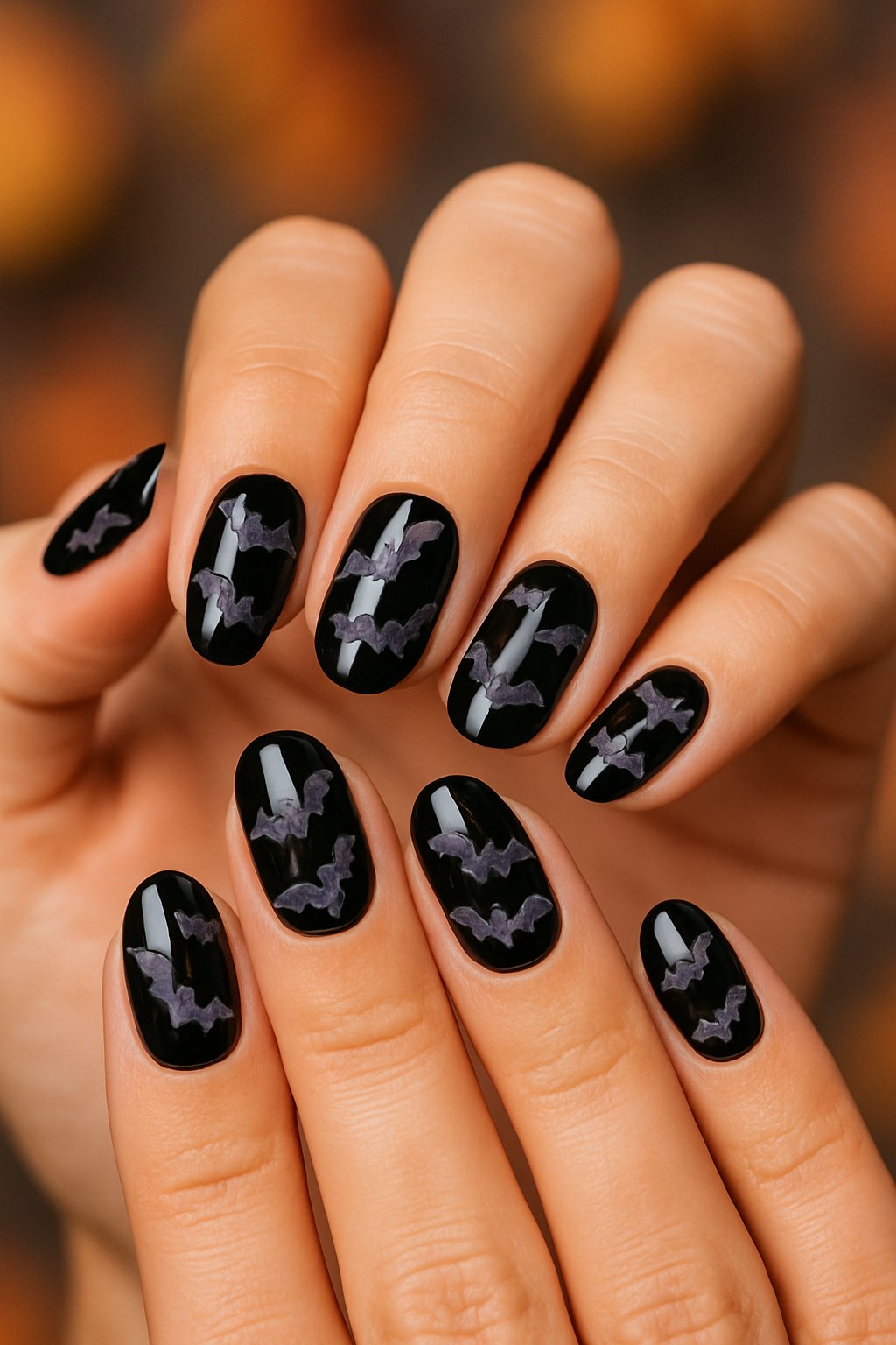Close-up of hands with black nails decorated with small bat designs on each nail.