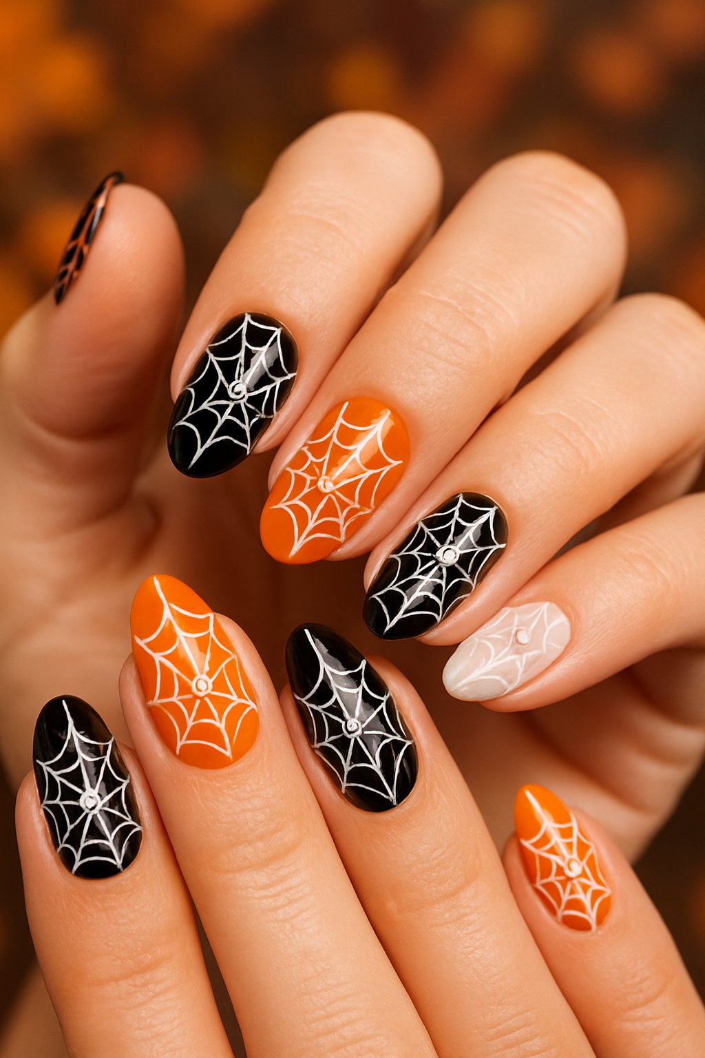 Close-up of hands with Halloween-themed nails featuring cobweb designs and crystal studs.