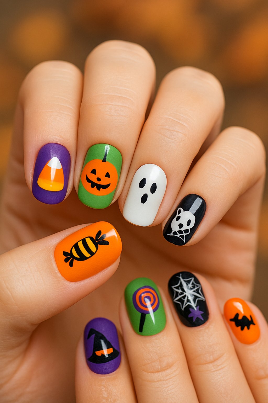 Close-up of a hand showing 23 different Halloween-themed nail designs with candy and spooky motifs.