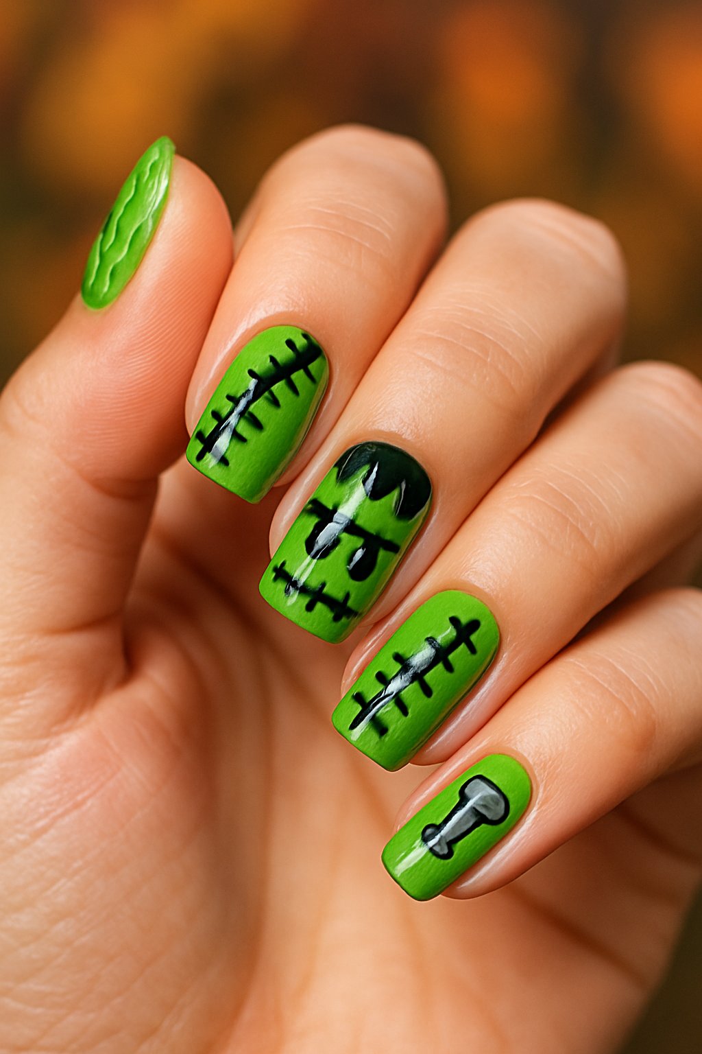 A hand with green Frankenstein-themed Halloween nails featuring stitches and bolts.