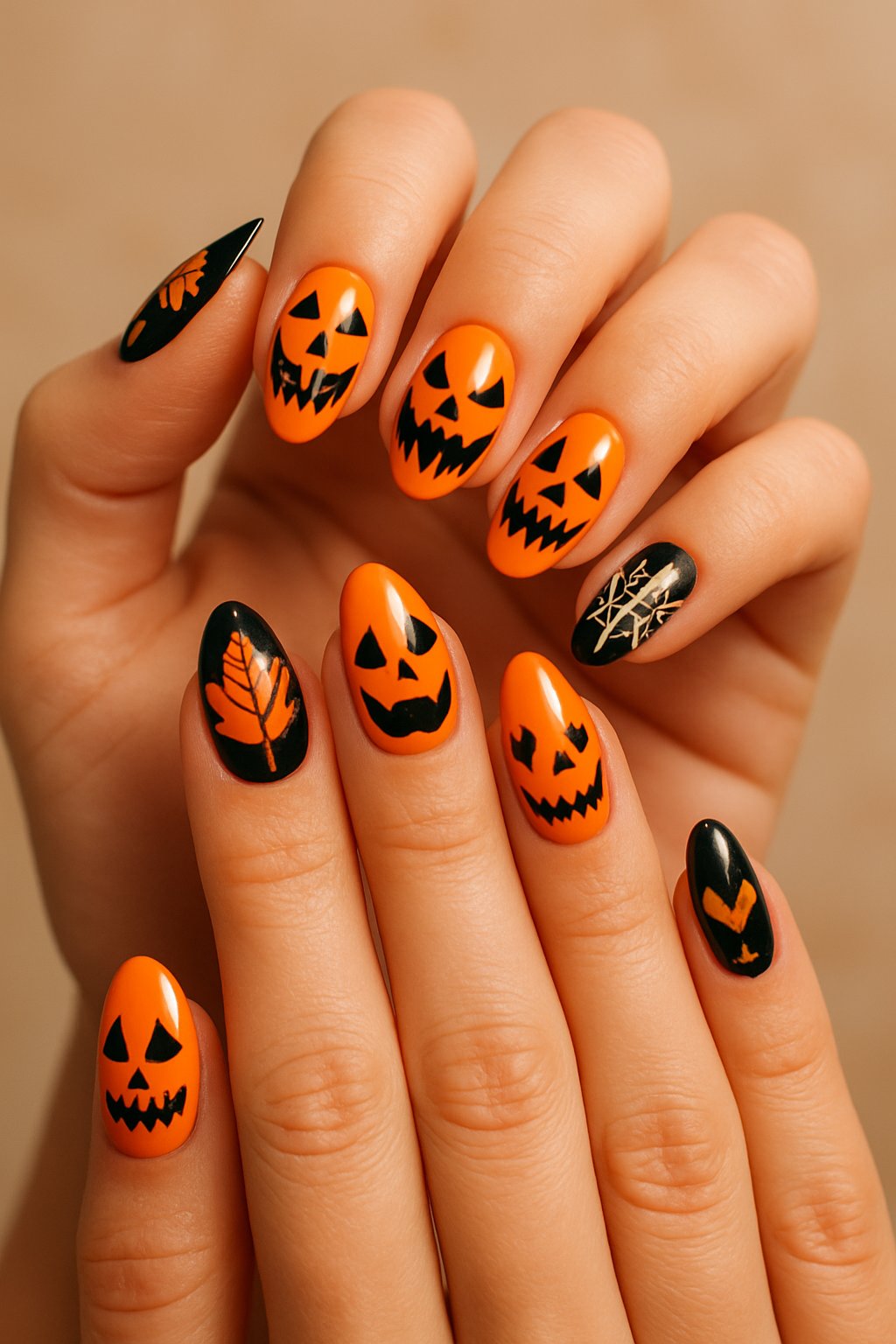 Close-up of hands displaying 23 Halloween-themed nails with pumpkin face designs and spooky decorations.