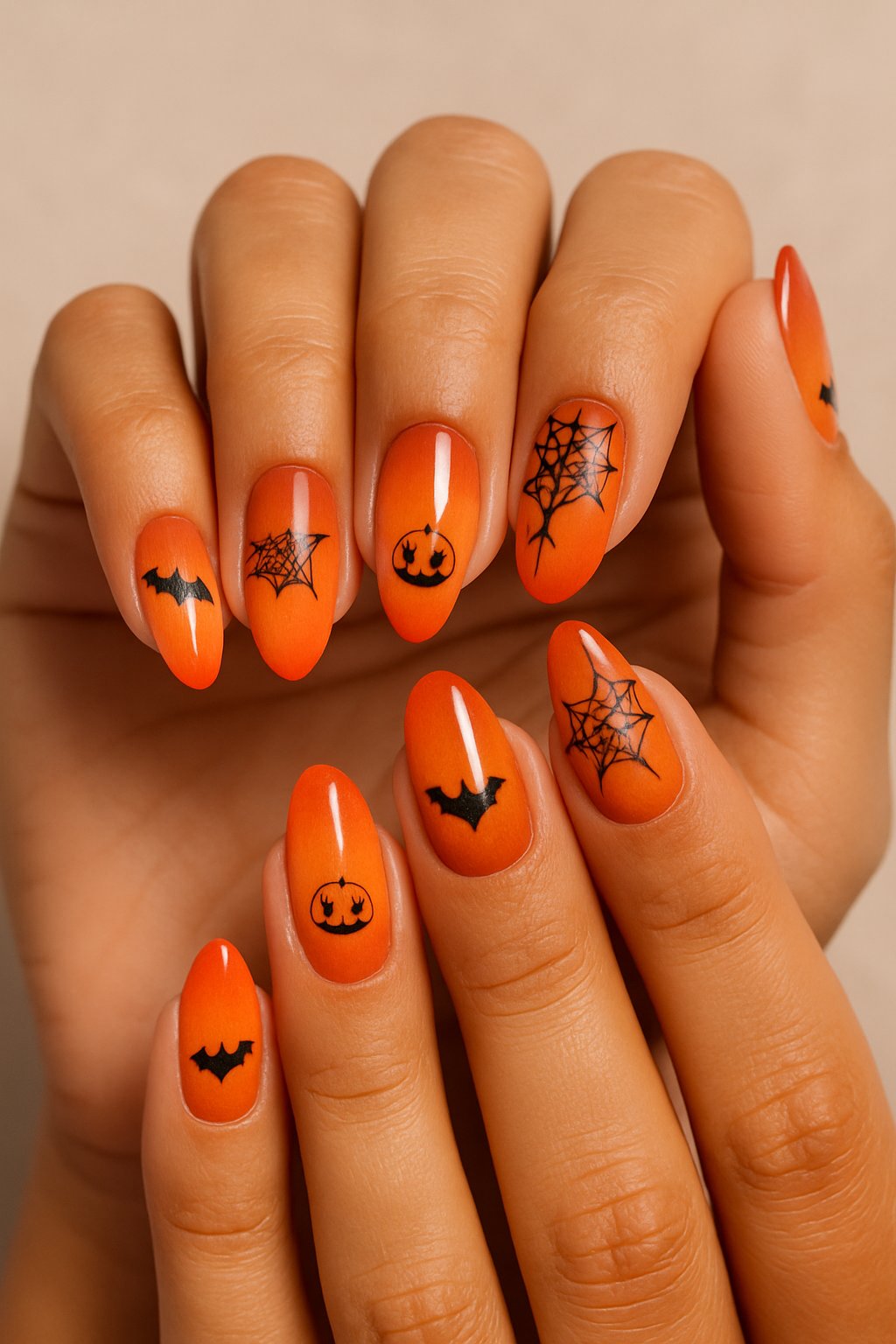 Close-up of hands with orange ombre fade nails featuring Halloween-themed accents like bats, spider webs, and pumpkins.