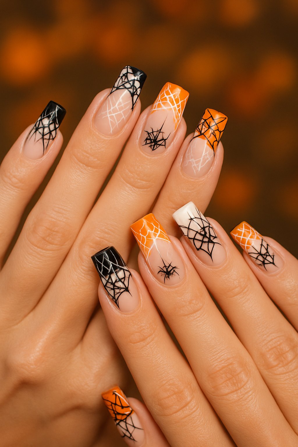 Close-up of hands with Halloween-themed French tip nails decorated with spider web designs and small spiders.