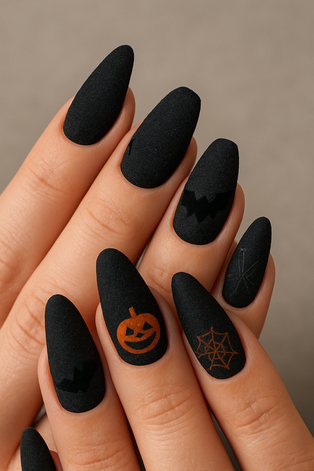 Close-up of hands with black velvet finish Halloween-themed nails featuring pumpkins, bats, and spider web designs.