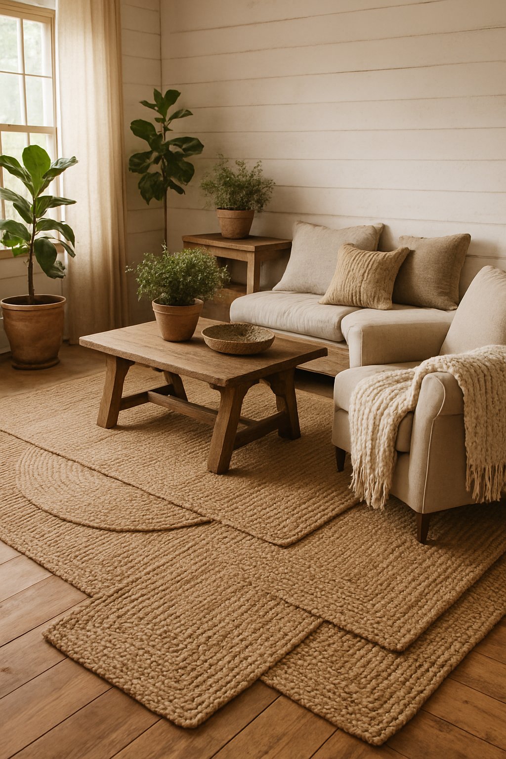 A cozy living room with woven jute rugs on wooden floors, a wooden coffee table, an armchair with a throw, and potted plants.