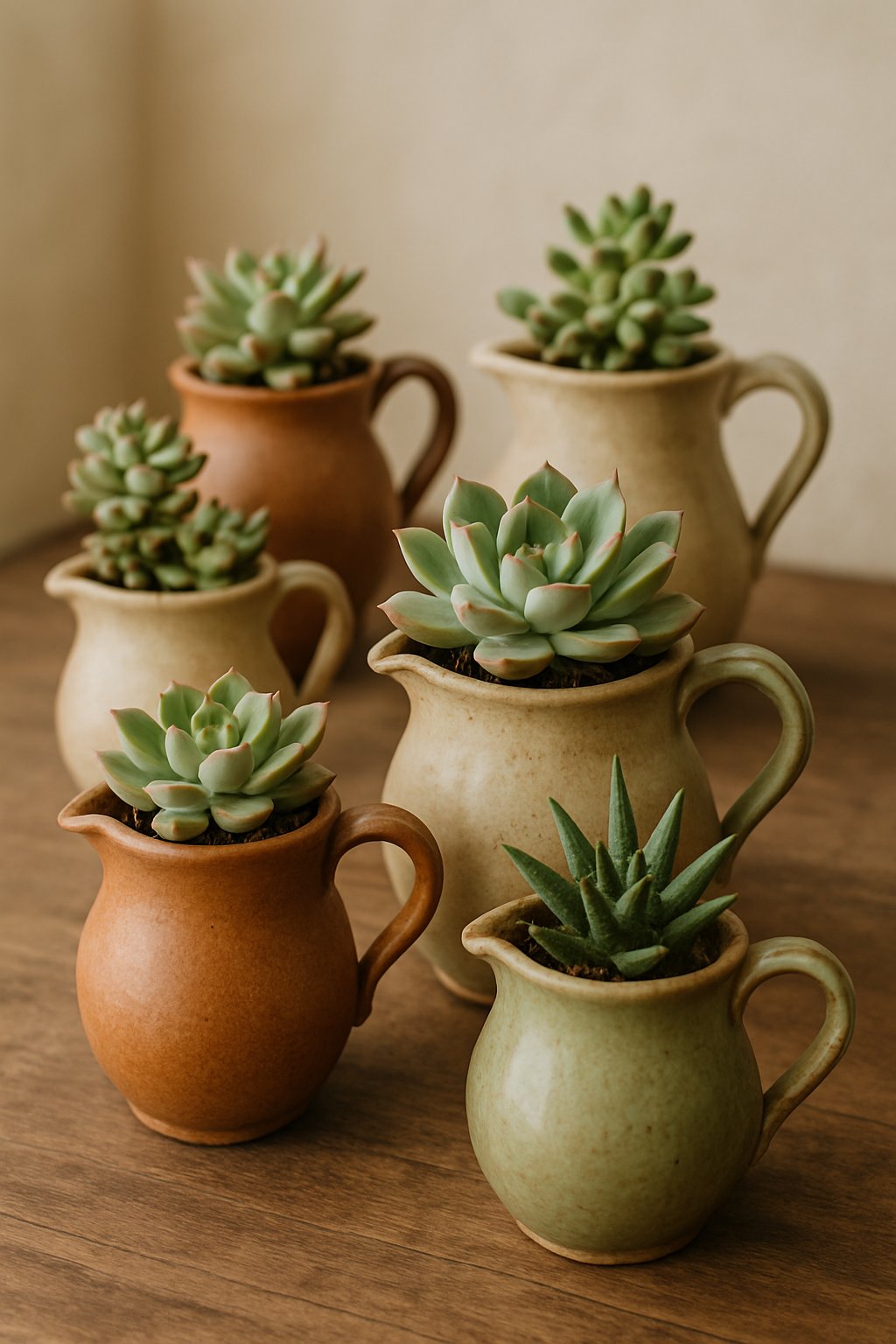 A group of vintage ceramic pitchers holding small succulent plants arranged on a wooden surface.