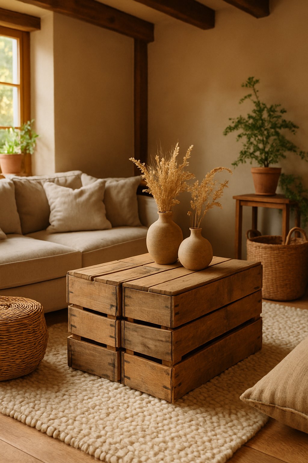 A cozy living room with rustic wooden crates used as coffee tables surrounded by earthy decor and natural light.