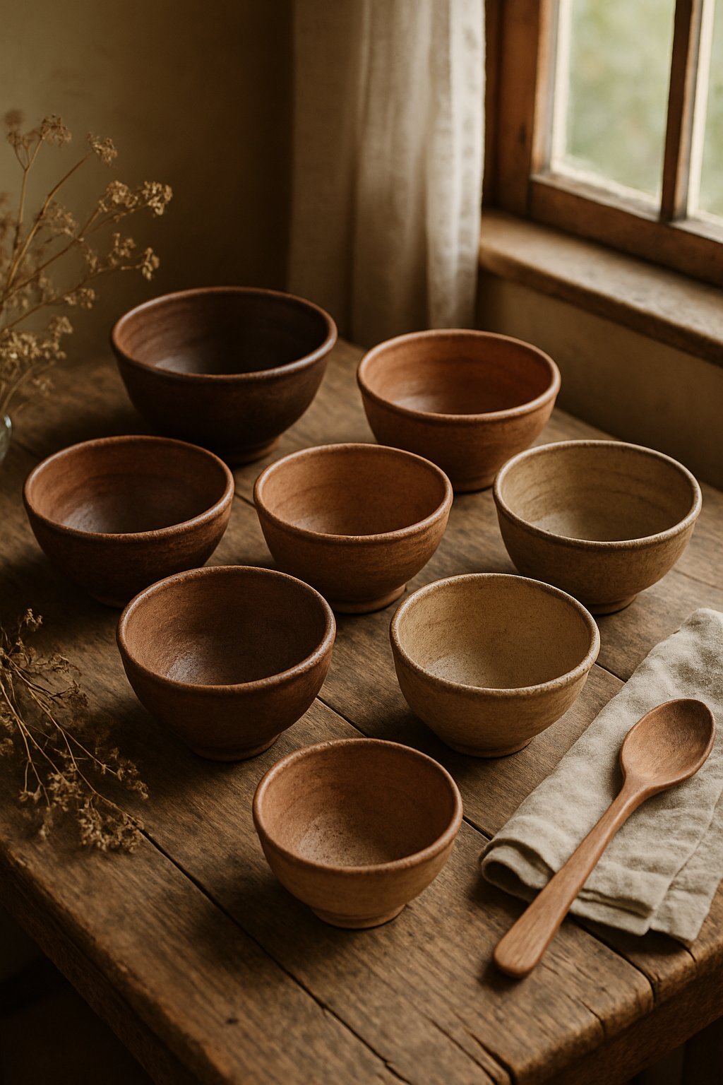 A group of handmade earthenware bowls with natural imperfections displayed on a wooden table with soft natural lighting.