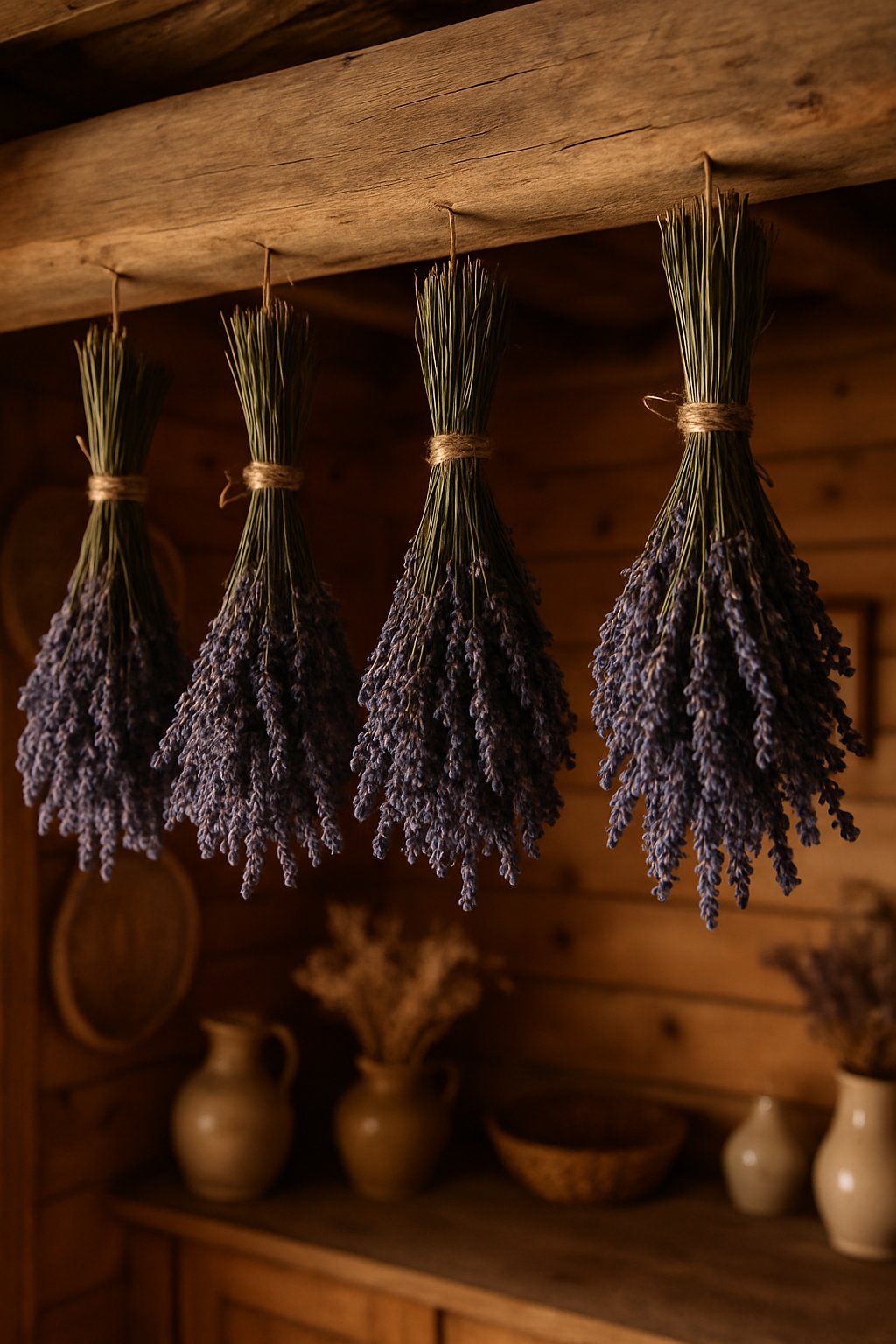 Dried lavender bundles hanging from a wooden beam inside a rustic cottage room.