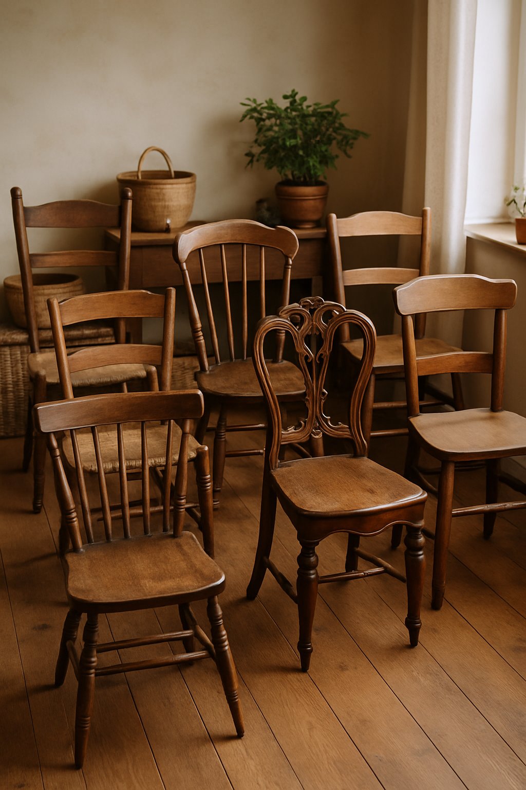 A group of different antique wooden chairs arranged together in a cozy cottage room with natural light and rustic decor.