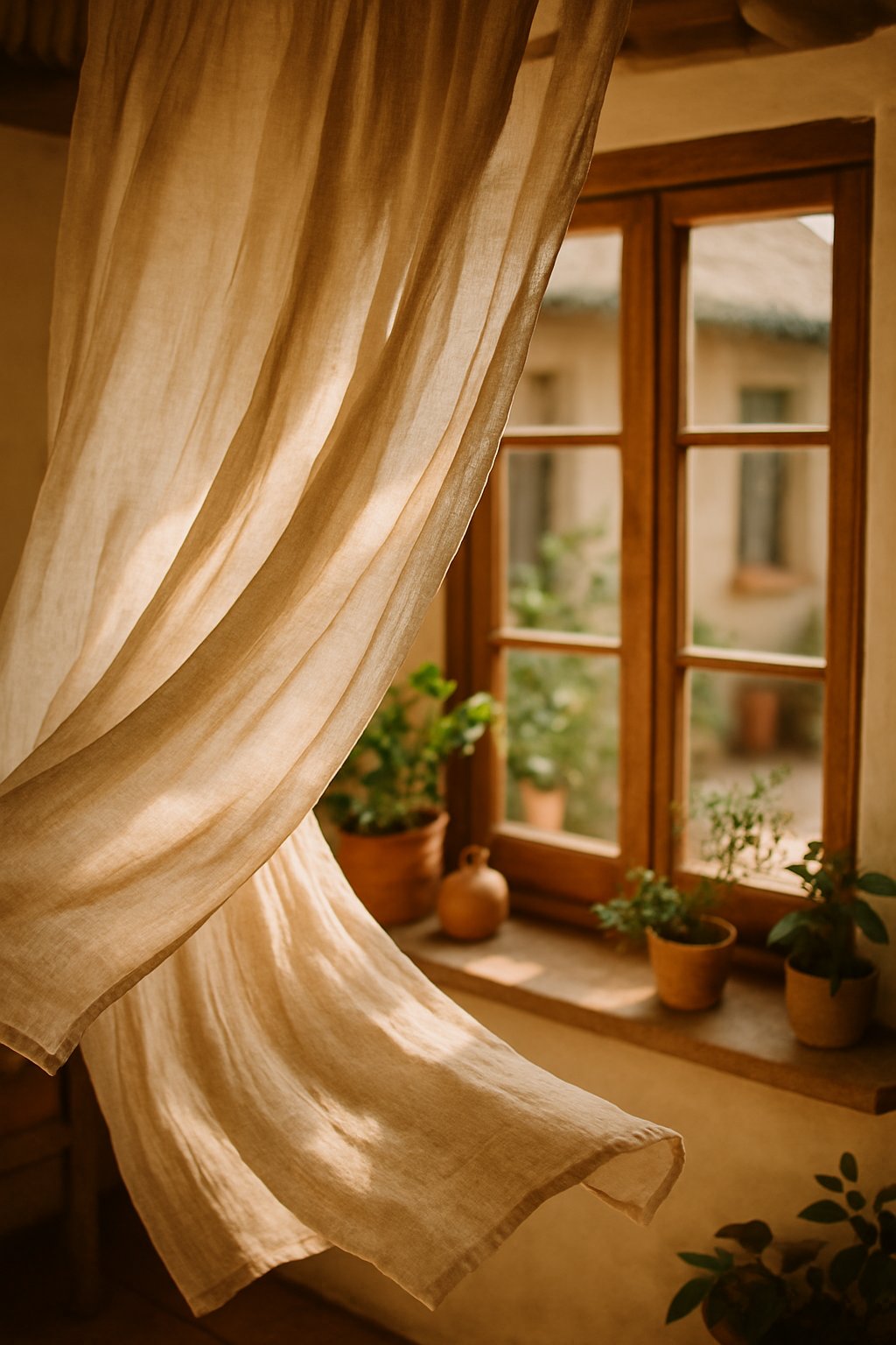Soft linen curtains fluttering gently in front of a rustic cottage window with sunlight filtering through.