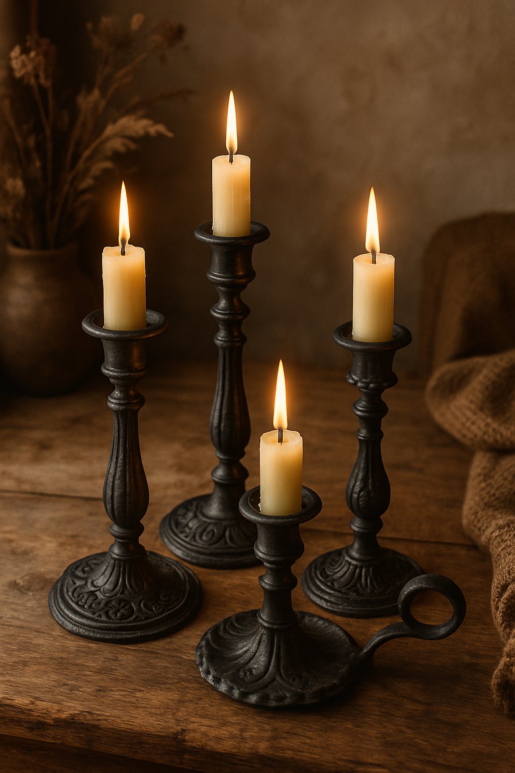 Cast iron candle holders with lit candles on a wooden table surrounded by rustic home decor.