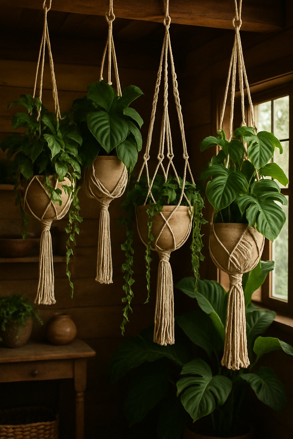 Indoor scene with several macrame plant hangers holding green plants in a cozy cottage setting.