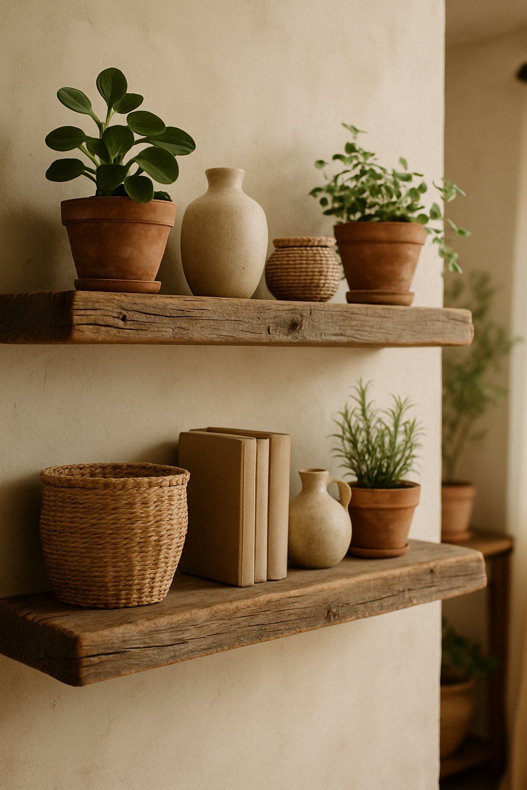 Reclaimed wooden shelves with plants, vases, and baskets in a cozy cottage room.