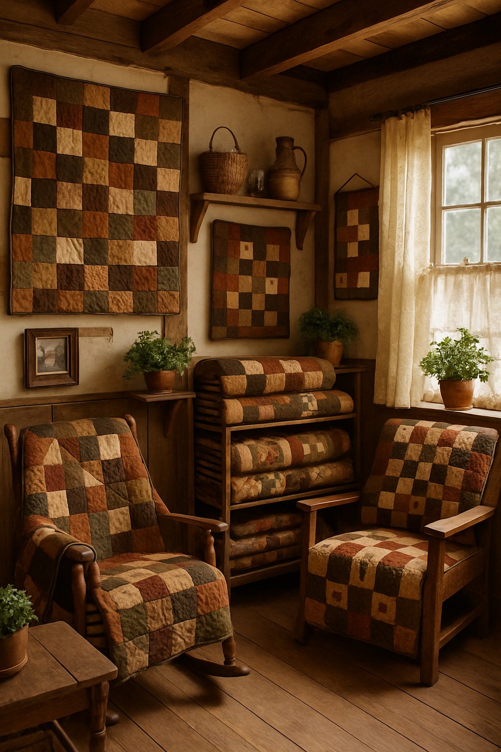 A cozy cottage room filled with multiple earthy-toned patchwork quilts displayed on furniture and walls.