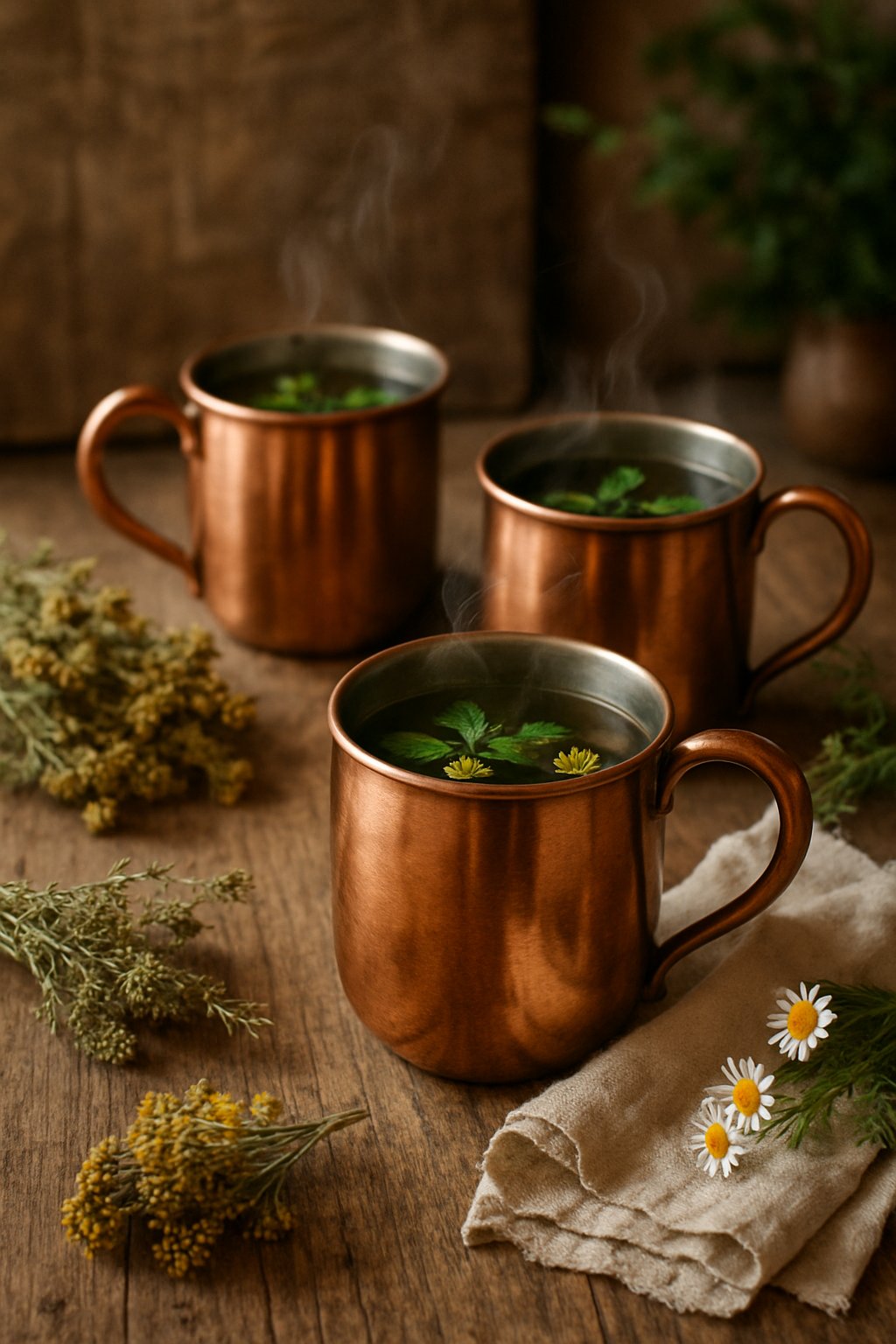 Copper mugs filled with steaming herbal tea on a rustic wooden table surrounded by dried herbs and wildflowers.