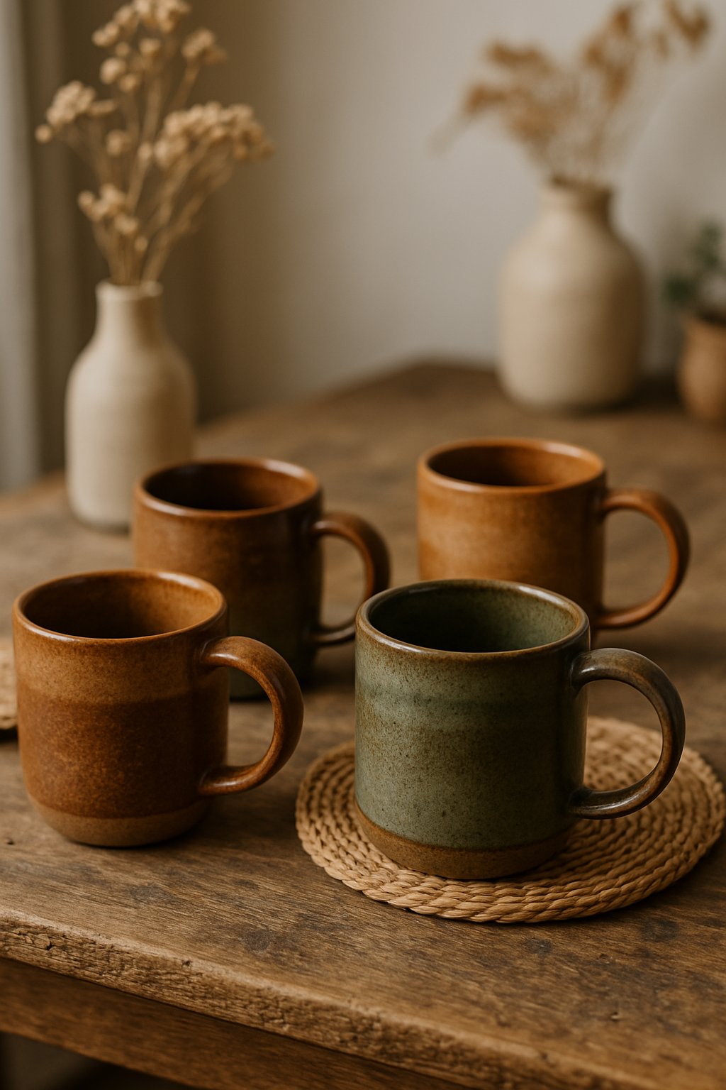 A group of stoneware mugs with earthy glazes arranged on a wooden table with dried flowers and natural decor.
