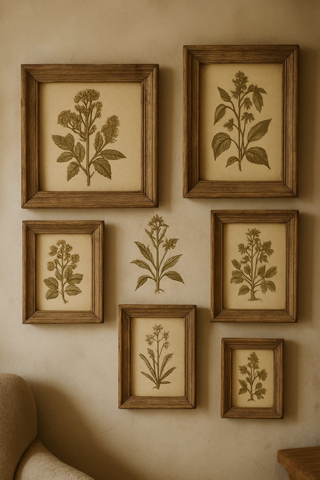 A collection of vintage botanical prints in weathered wooden frames hanging on a rustic wall.