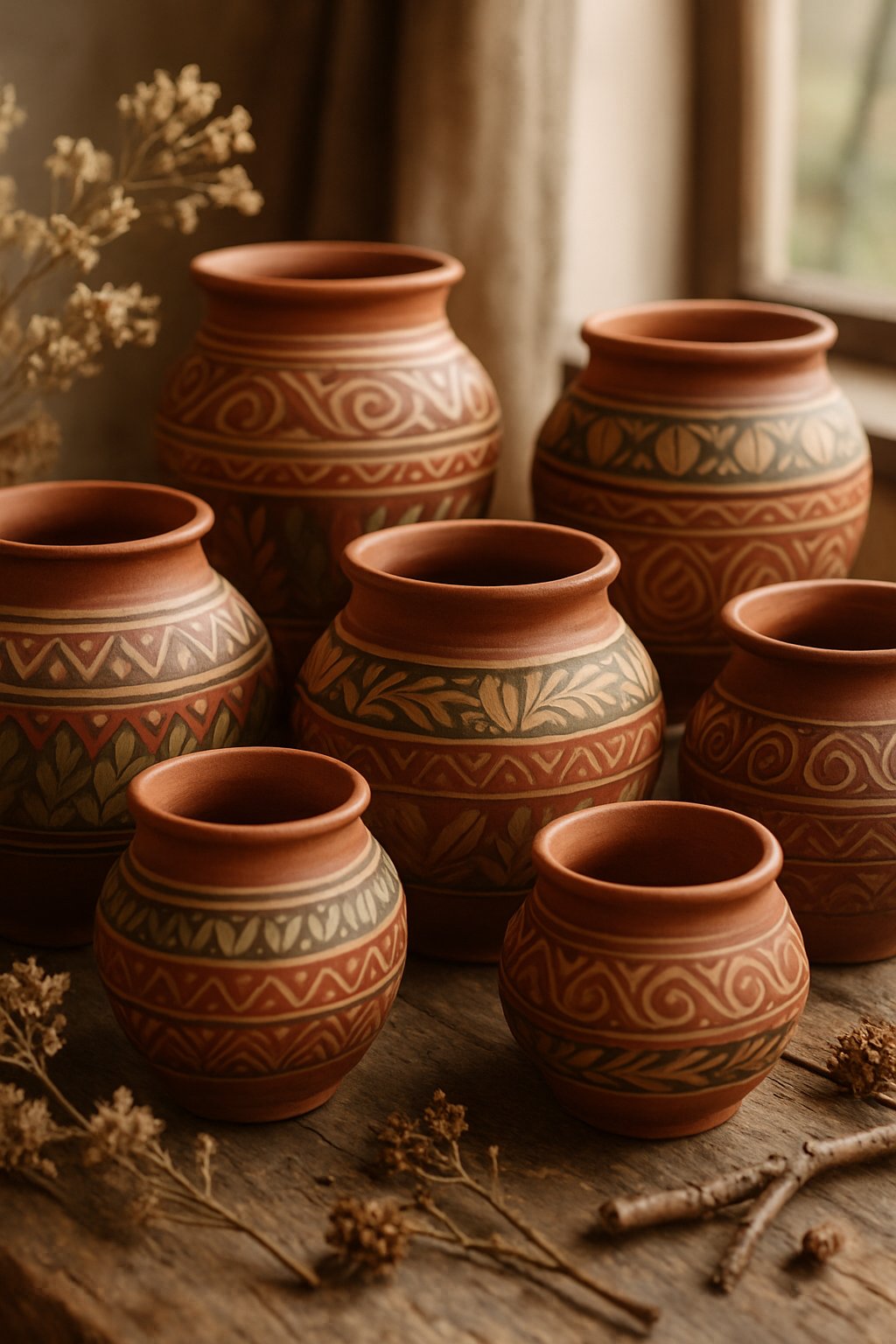A collection of hand-painted terracotta pots with unique designs arranged on a wooden surface with natural elements around them.