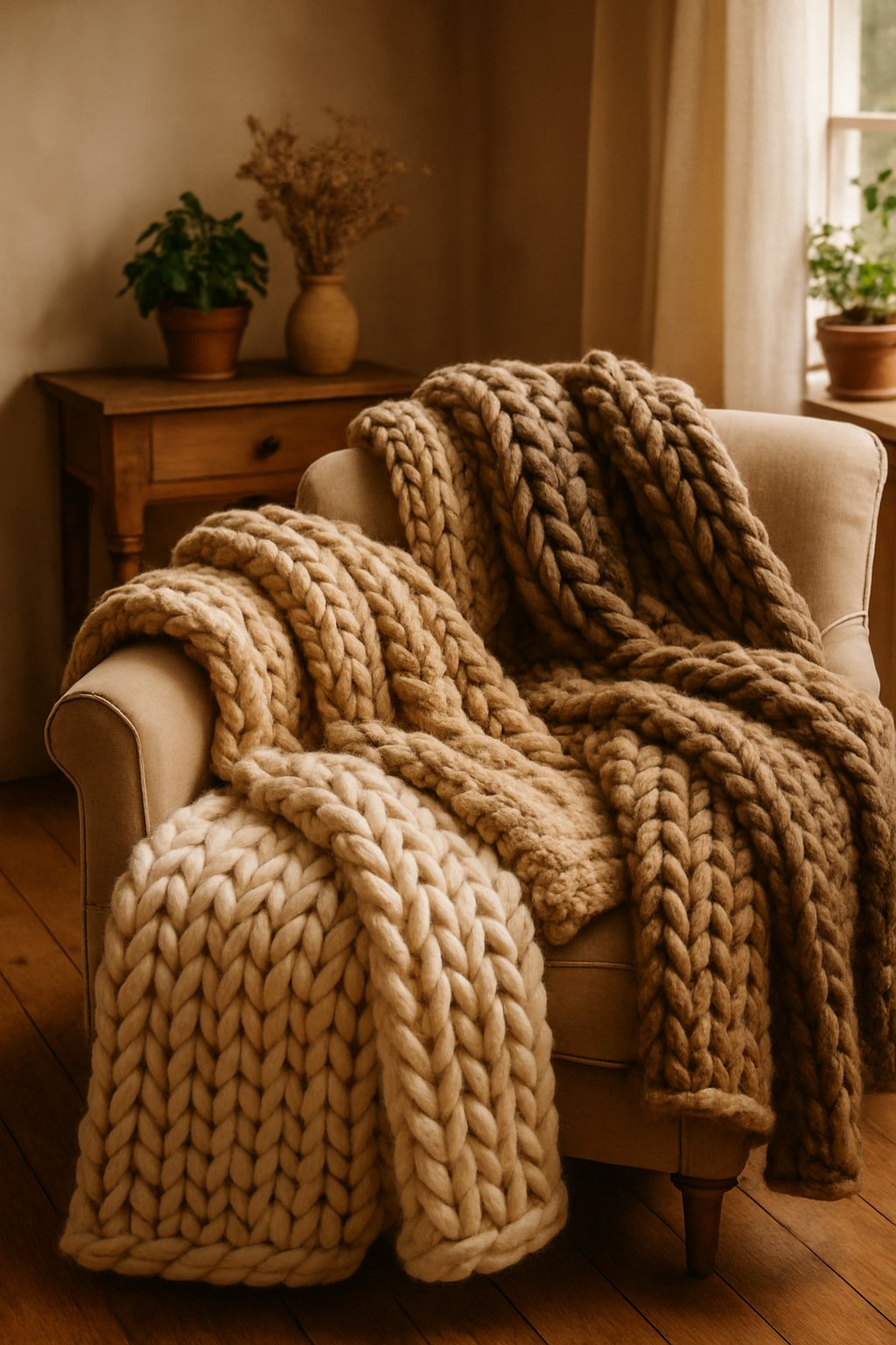 Chunky knit wool throws draped over an armchair in a cozy living room with wooden furniture and plants.