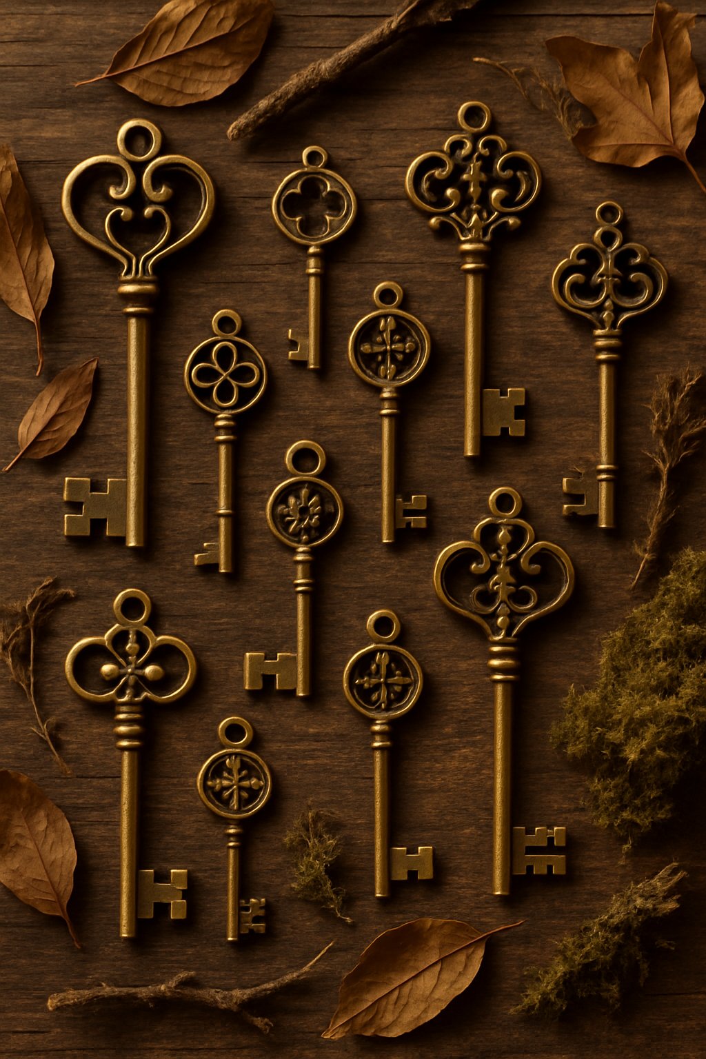A collection of antique brass keys arranged on a wooden surface with dried leaves and moss around them.