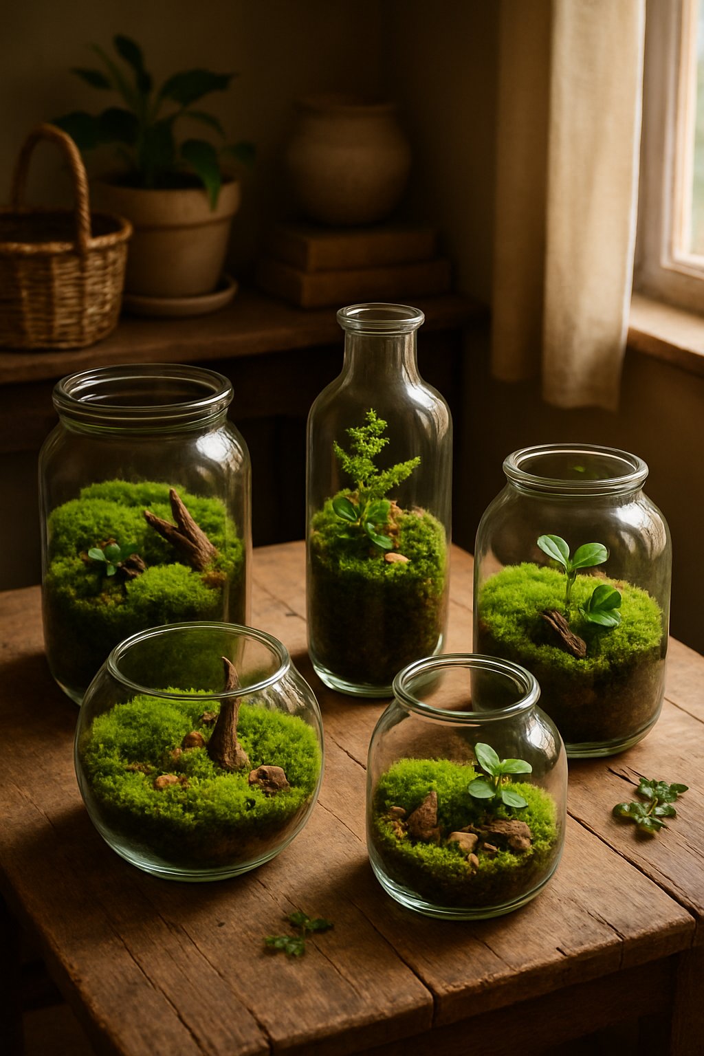 A group of mossy terrariums with green plants inside glass containers arranged on a wooden surface in a cozy room.