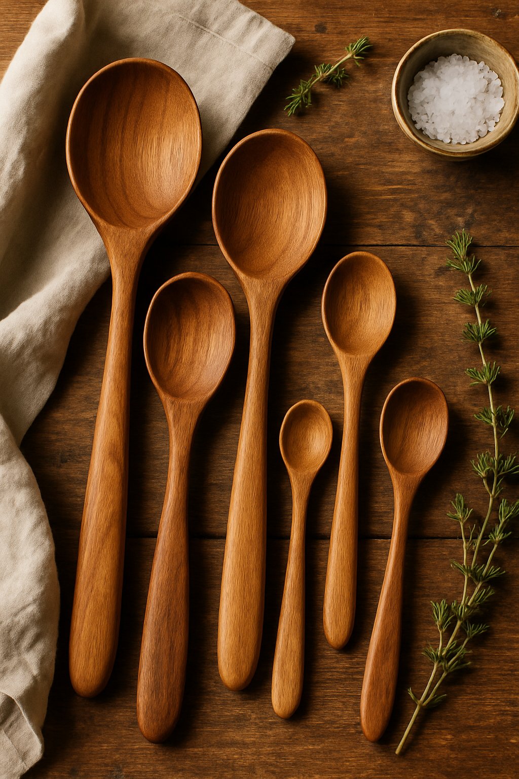 A group of hand-carved wooden cooking spoons arranged on a wooden table with herbs and a small bowl nearby.