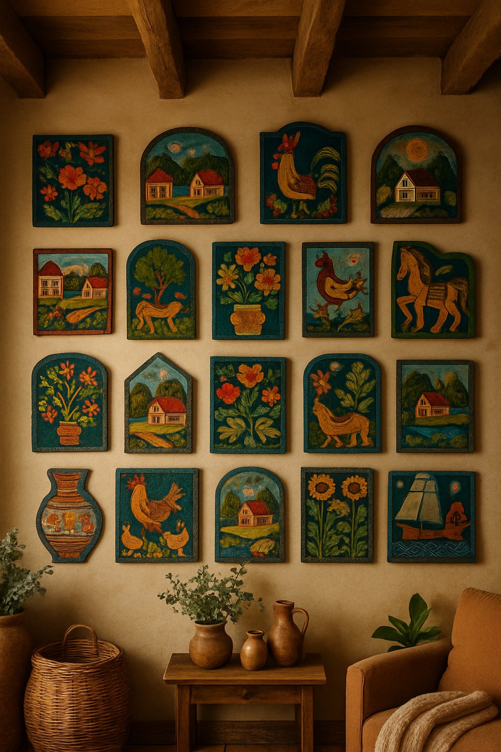 A cozy cottage wall decorated with 24 colorful folk art wall hangings depicting various scenes, surrounded by rustic home decor.