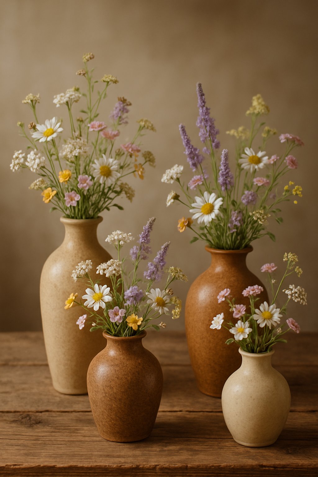 A group of earth-tone ceramic vases holding wildflower bouquets on a wooden surface.