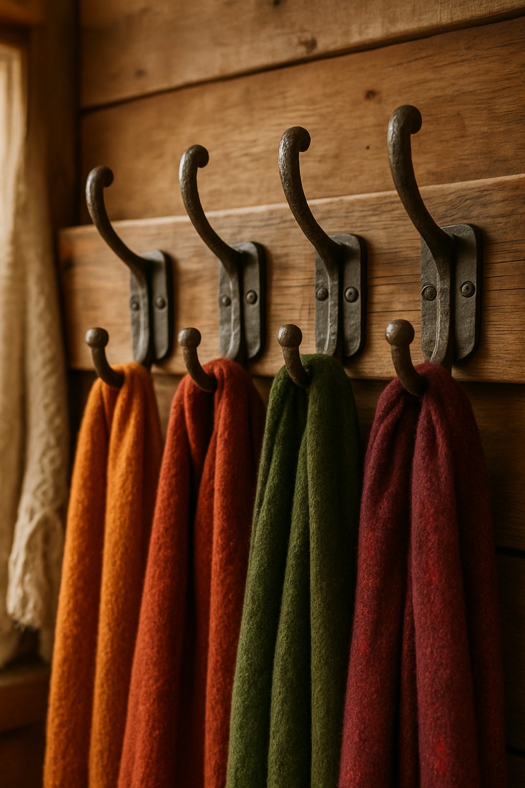 Rustic iron hooks mounted on a wooden wall holding coats and colorful scarves in a cozy home setting.