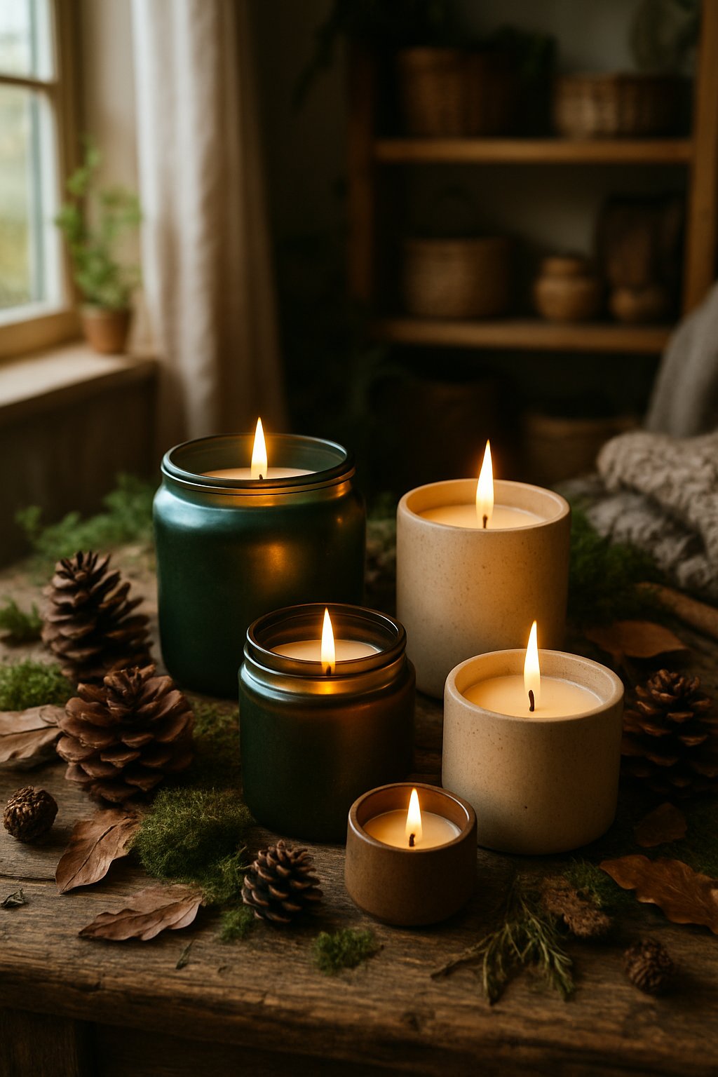 Lit patchouli and sandalwood scented candles on a wooden table surrounded by pinecones, moss, and dried leaves in a cozy woodland cottage setting.