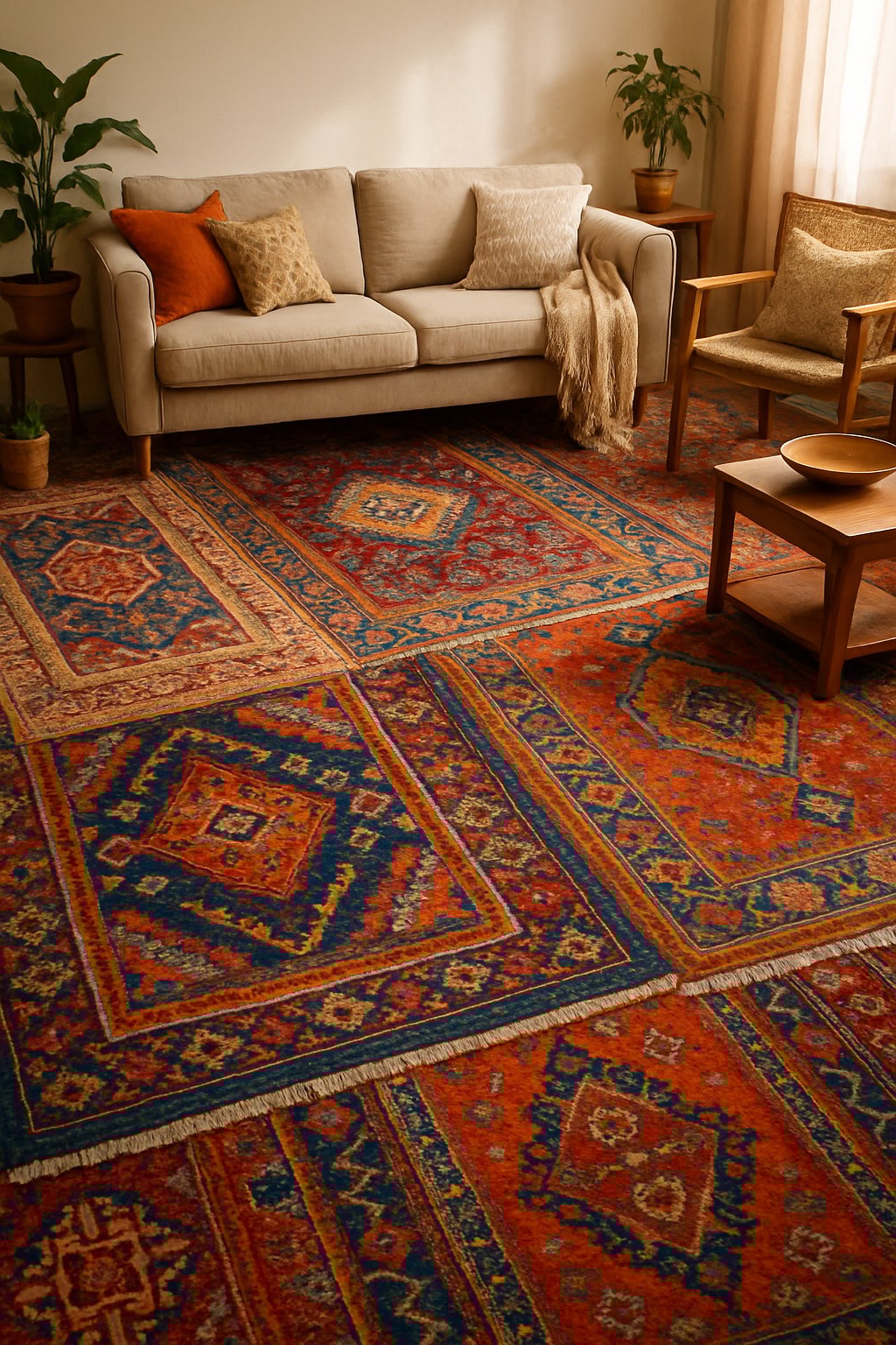A living room with multiple colorful Moroccan rugs layered on the floor, surrounded by comfortable furniture and plants.