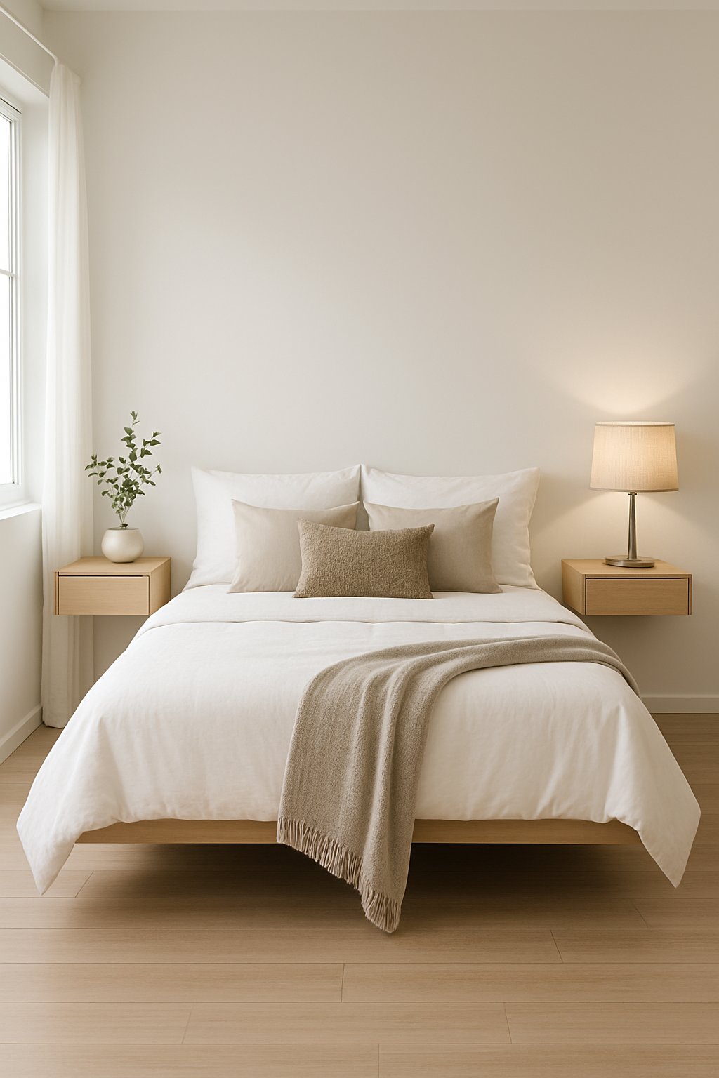 A bedroom with a bed and floating nightstands mounted on the wall, saving floor space.