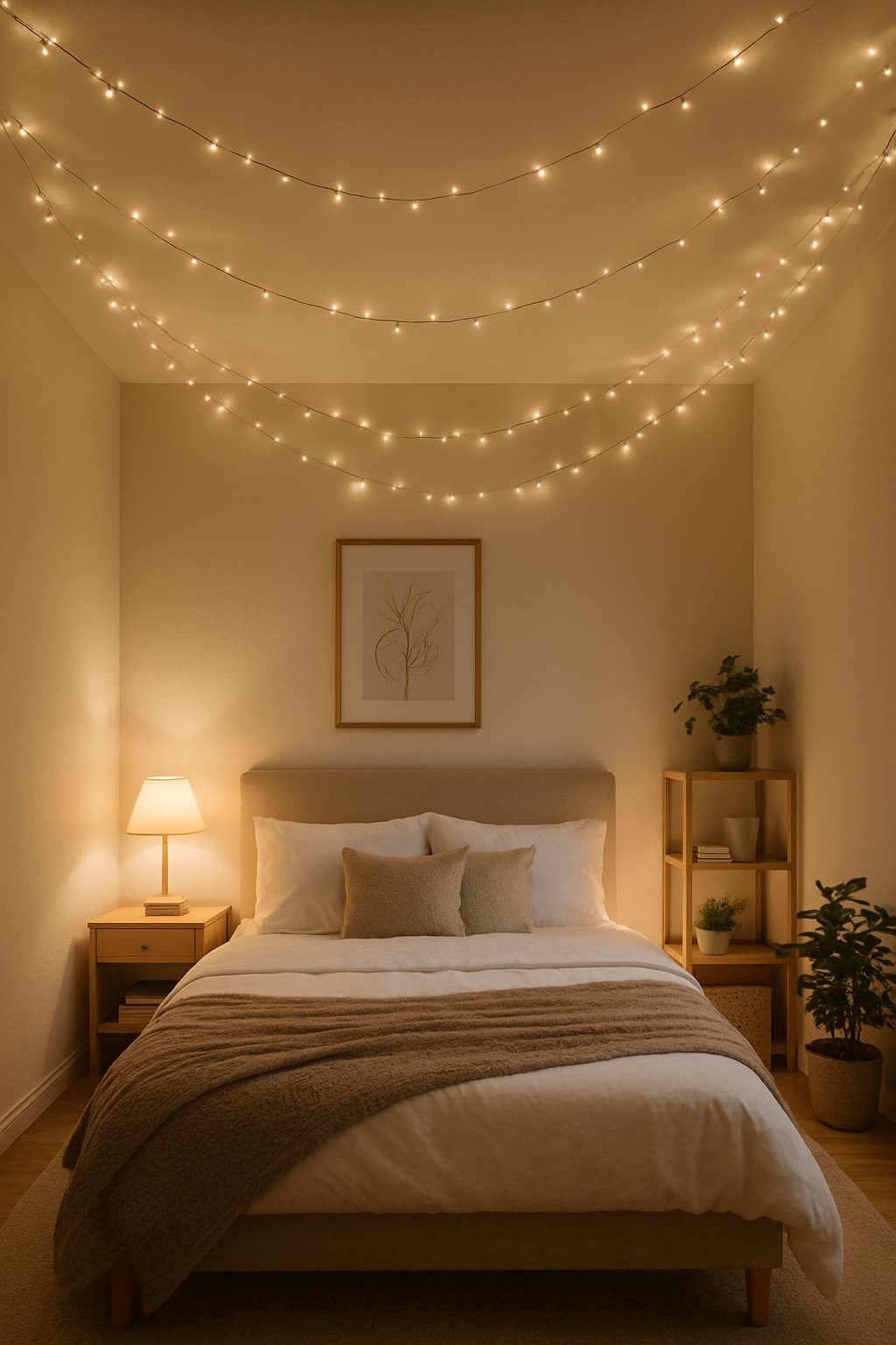 A cozy bedroom with string fairy lights draped across the ceiling, a bed with pillows and blanket, and warm ambient lighting.