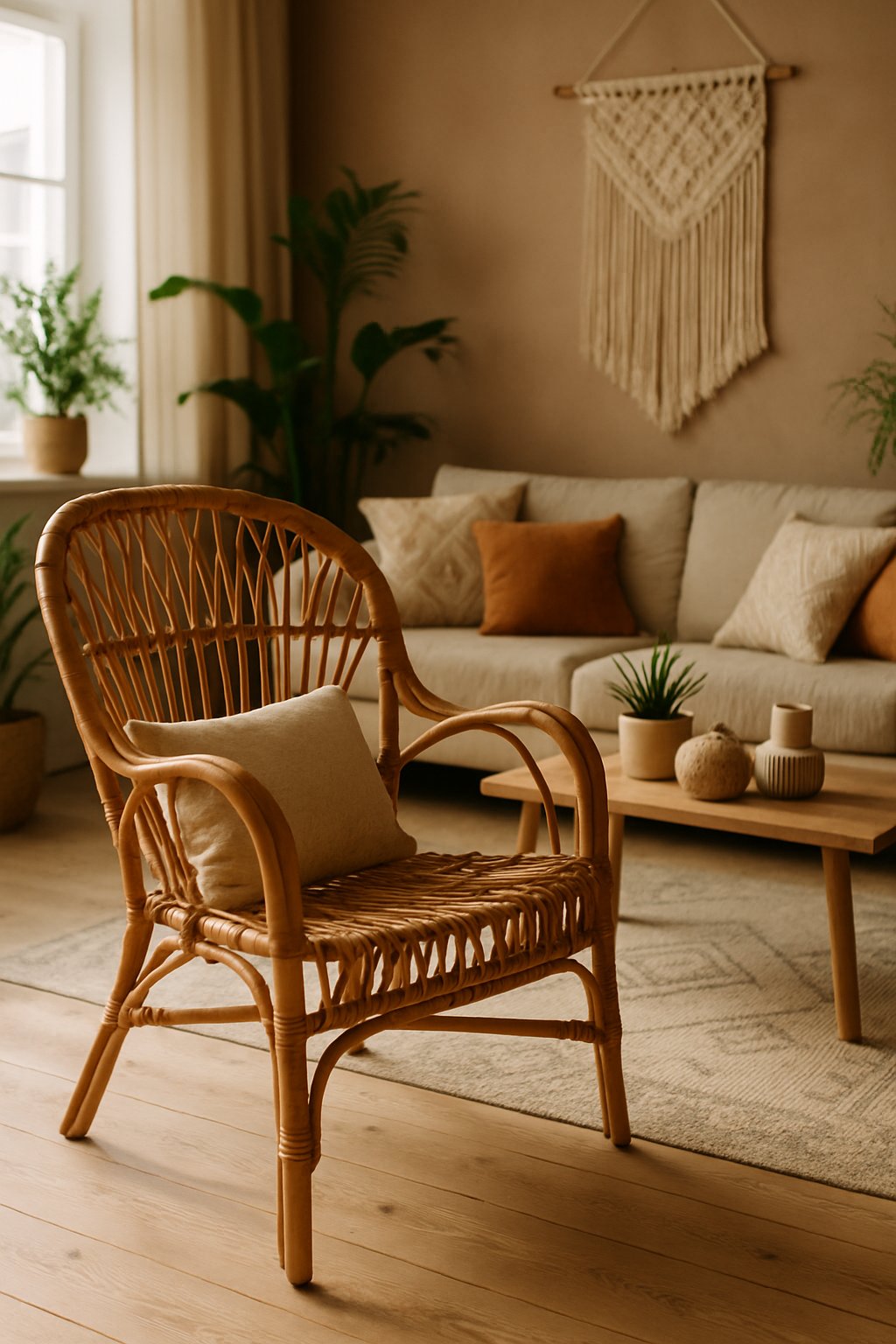 A living room with a vintage rattan chair surrounded by plants, cushions, and a wooden coffee table on a light floor.