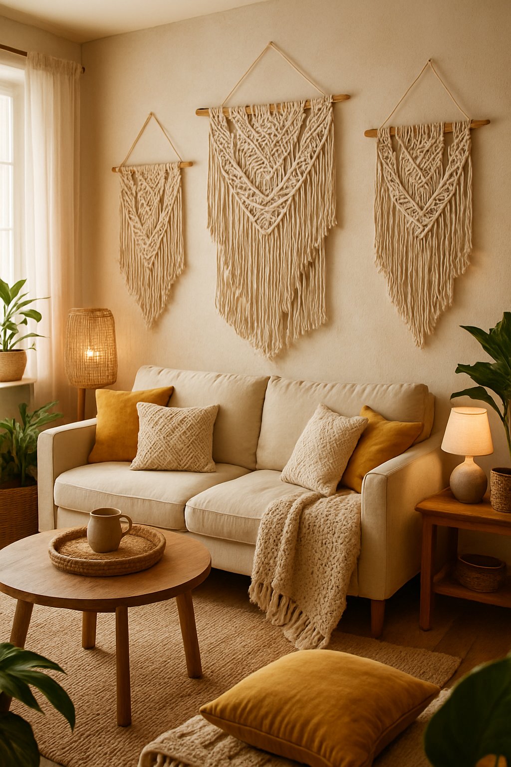 A cozy living room with macramé wall hangings, wooden furniture, cushions, and plants, bathed in natural light.
