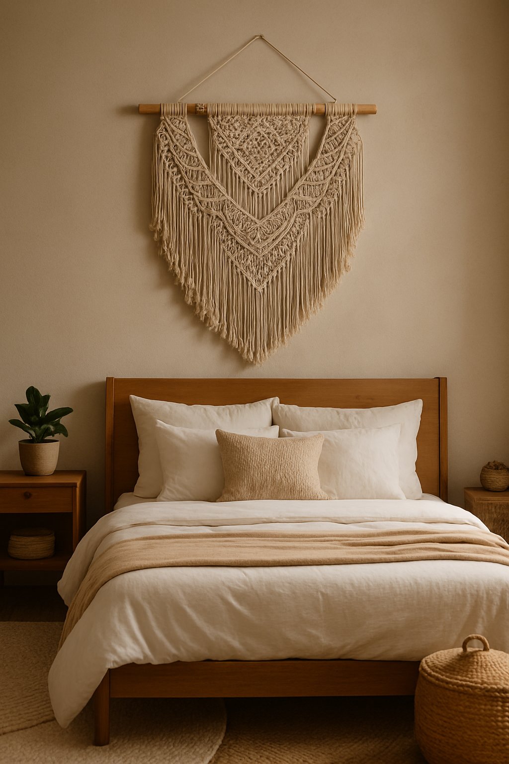 A cozy bedroom with a bed and a large macramé wall hanging above it, decorated with natural textures and soft lighting.