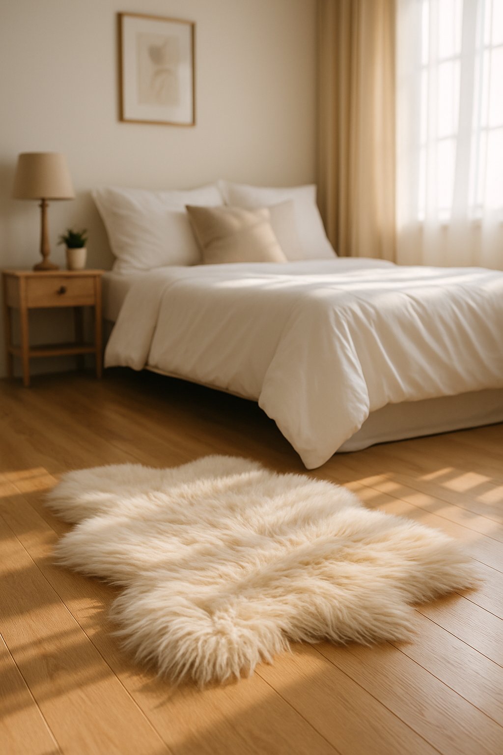 A bedroom with a bed and a soft faux fur rug beside it on a wooden floor, illuminated by natural light.