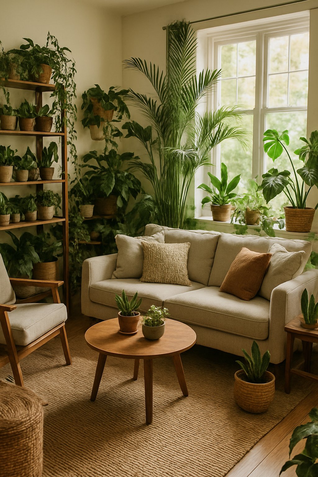 Living room filled with many potted plants arranged on shelves, tables, and floor, with natural light coming through windows.